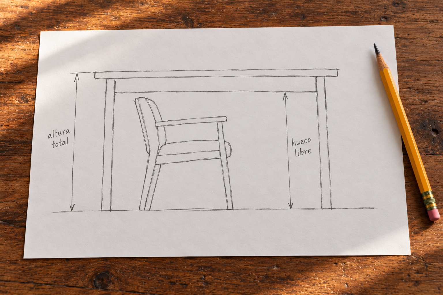 Croquis a lápiz sobre papel: altura total de una mesa y hueco libre bajo su estructura, con una silla de brazos Sobre madera cálida, con lápiz junto al papel.