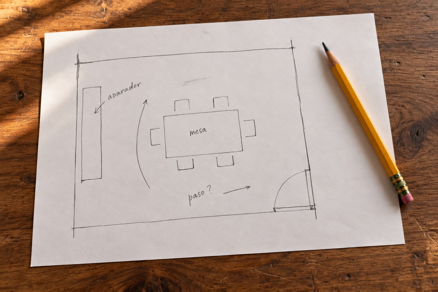 Croquis a lápiz sobre papel: mesa con seis sillas, aparador, puerta y recorrido de paso Sobre madera cálida, con lápiz junto al papel.